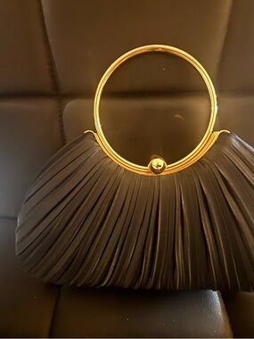 Black Pleated Evening Clutch with Gold Ring Handle
